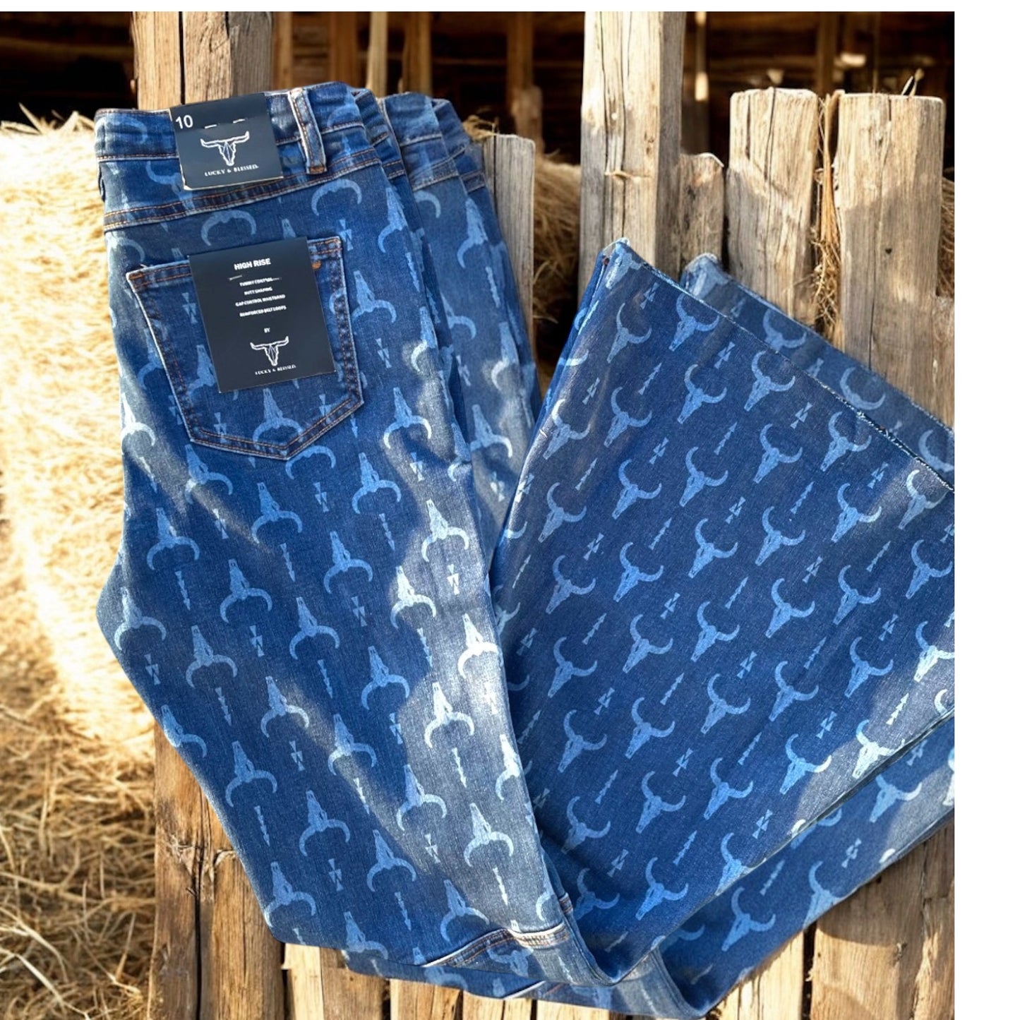 Dark Wash High Rise Cowskull Laser Detail Flare Jeans with Tummy Control |Butt Shaping| Gap Control Waistband | Reinforced Belt Loops