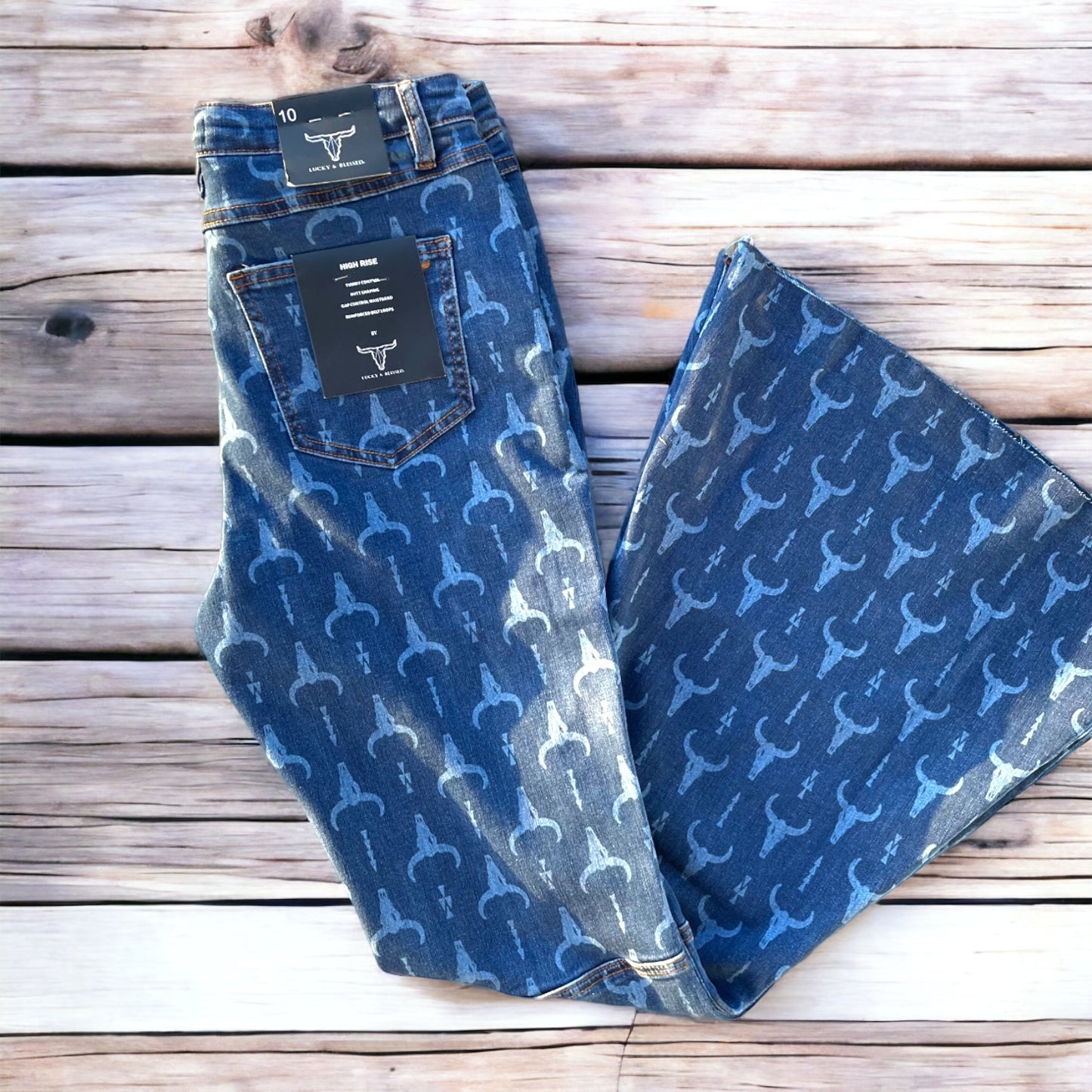 Dark Wash High Rise Cowskull Laser Detail Flare Jeans with Tummy Control |Butt Shaping| Gap Control Waistband | Reinforced Belt Loops