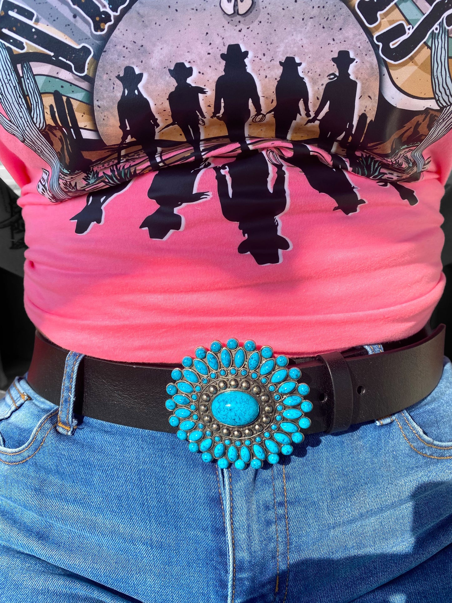 Western Turquoise Buckle with Genuine Leather Belt