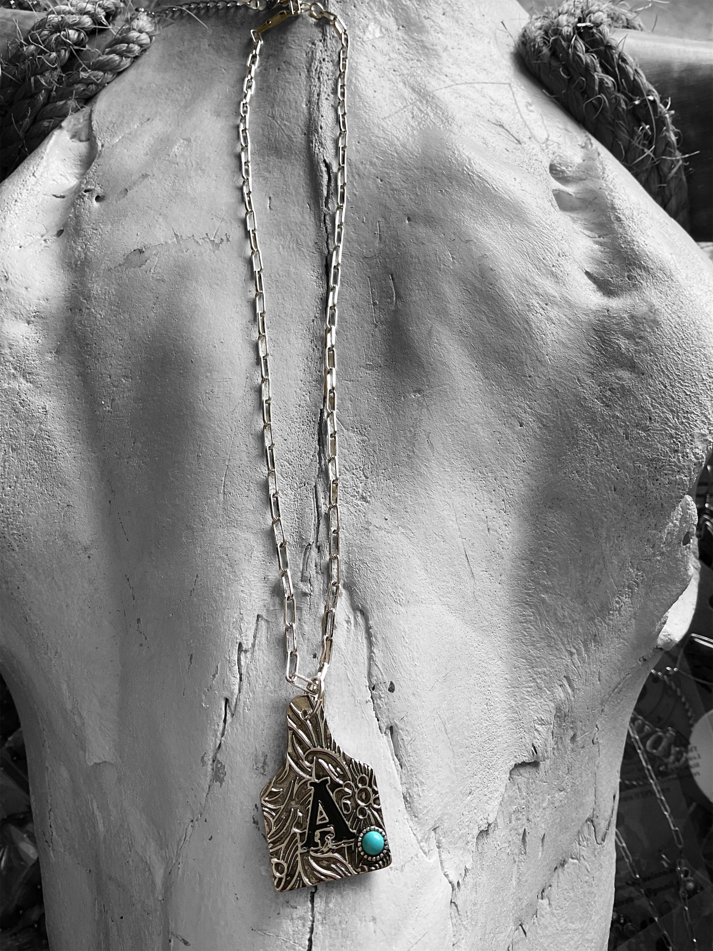 Turquoise and Silvertone Cattle Tag Necklace