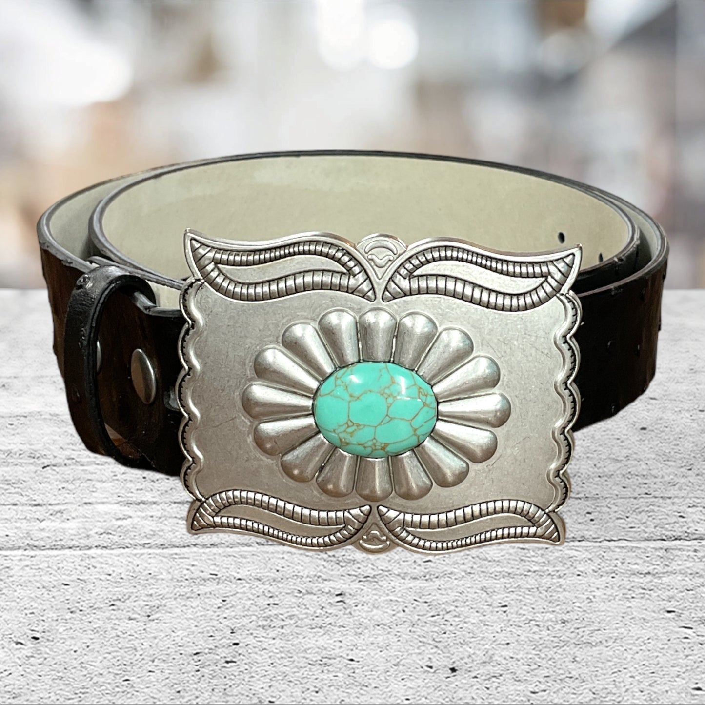 Western Silver Turquoise Buckle w. Ostrich Belt