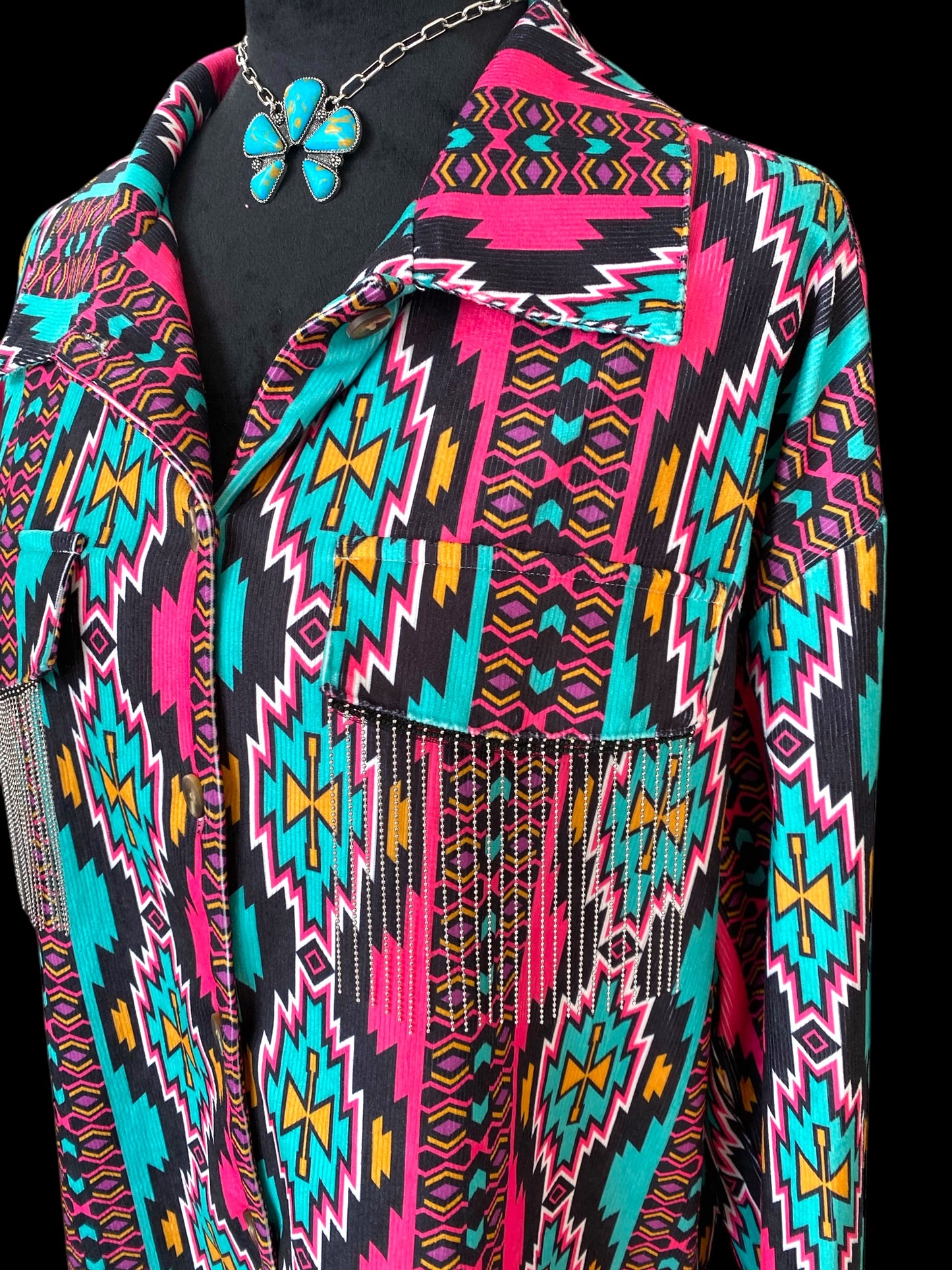 Pink & Turquoise Blinged out Pocket Shirt