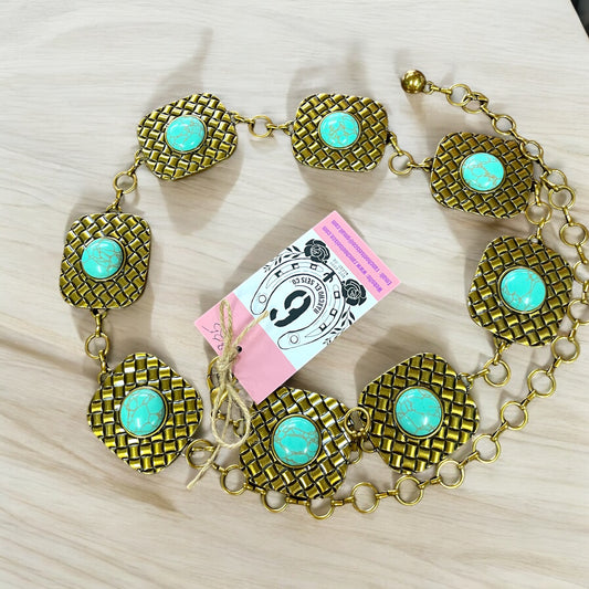 Brass Gold & Turquoise Chain Belt