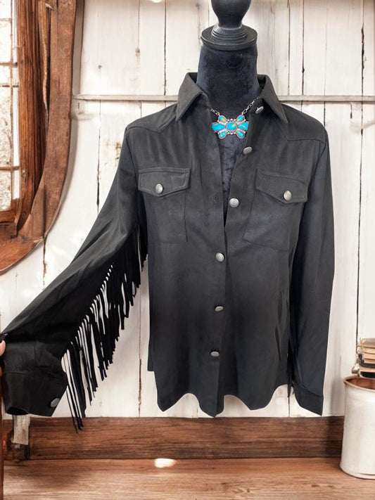 Black Suede Fringe Western Shirt