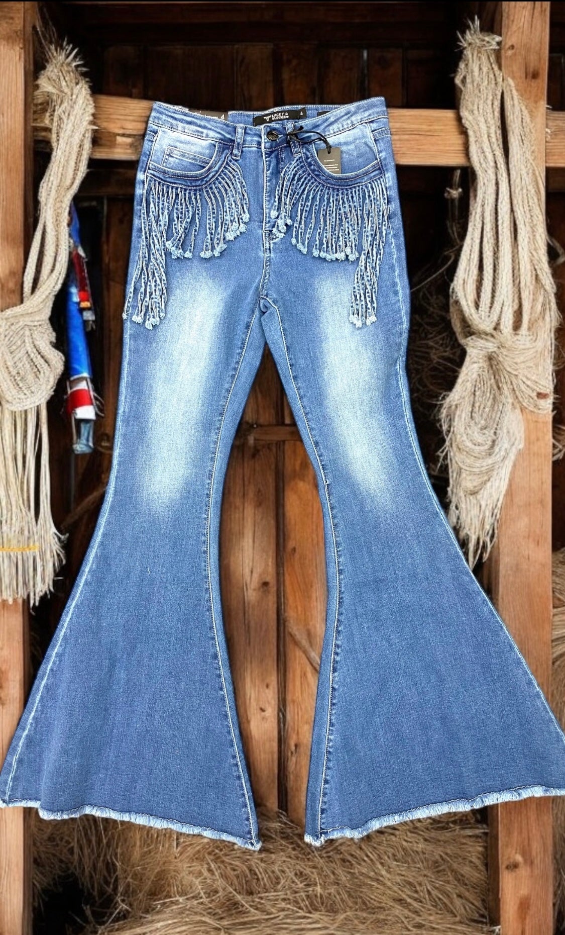 Mid Wash Denim Flare with Fringe Pockets and Tummy Control | Butt Shaping| Gap Control Waistband | Reinforced Belt Loops