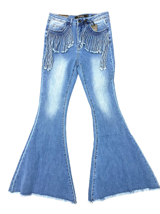 Mid Wash Denim Flare with Fringe Pockets and Tummy Control | Butt Shaping| Gap Control Waistband | Reinforced Belt Loops