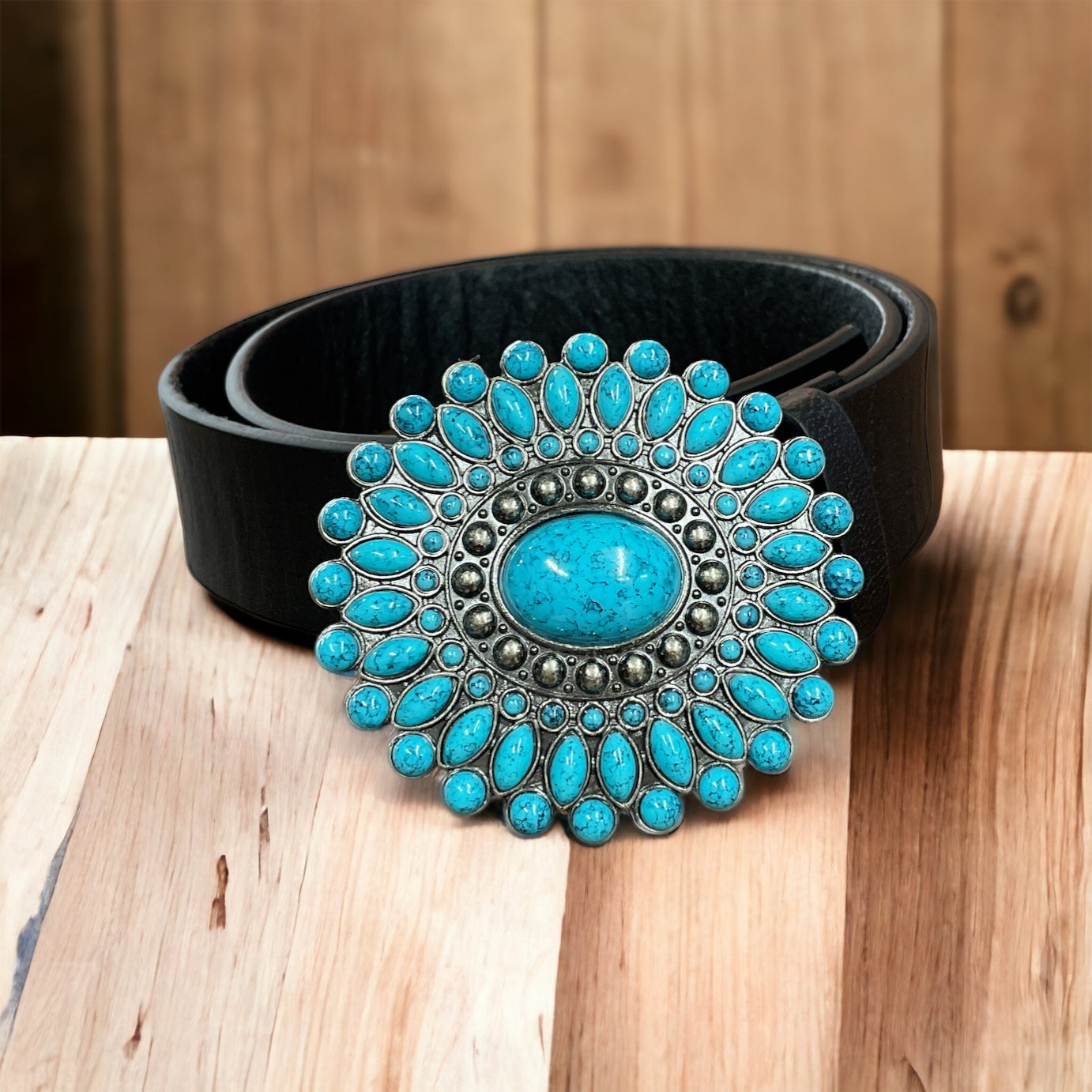 Western Turquoise Buckle with Genuine Leather Belt