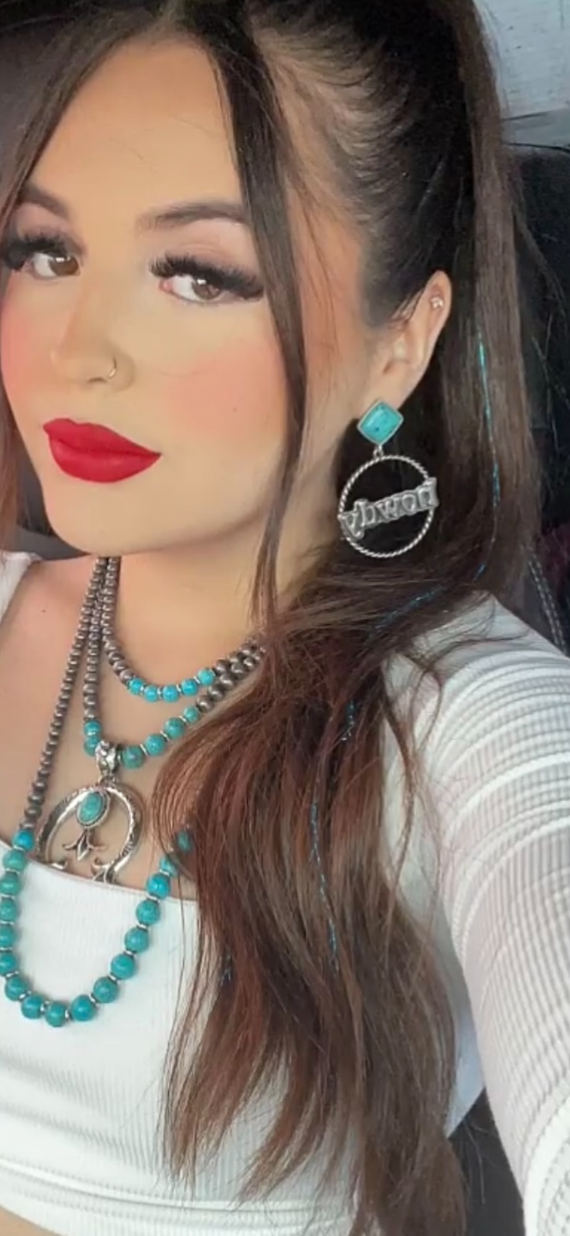 Turquoise and Silvertone “HOWDY” Drop Hoop Earrings