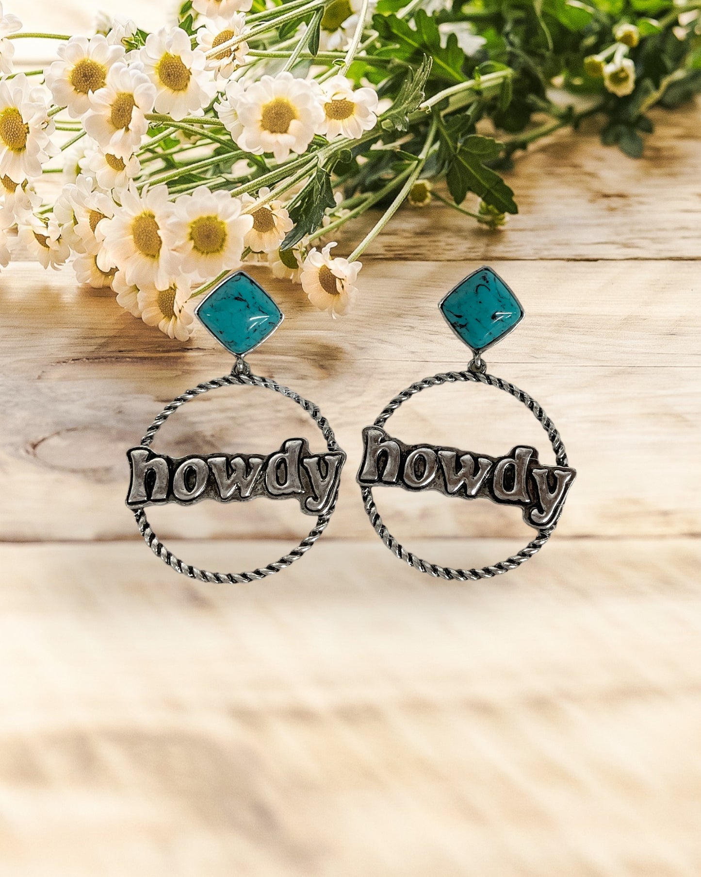 Turquoise and Silvertone “HOWDY” Drop Hoop Earrings