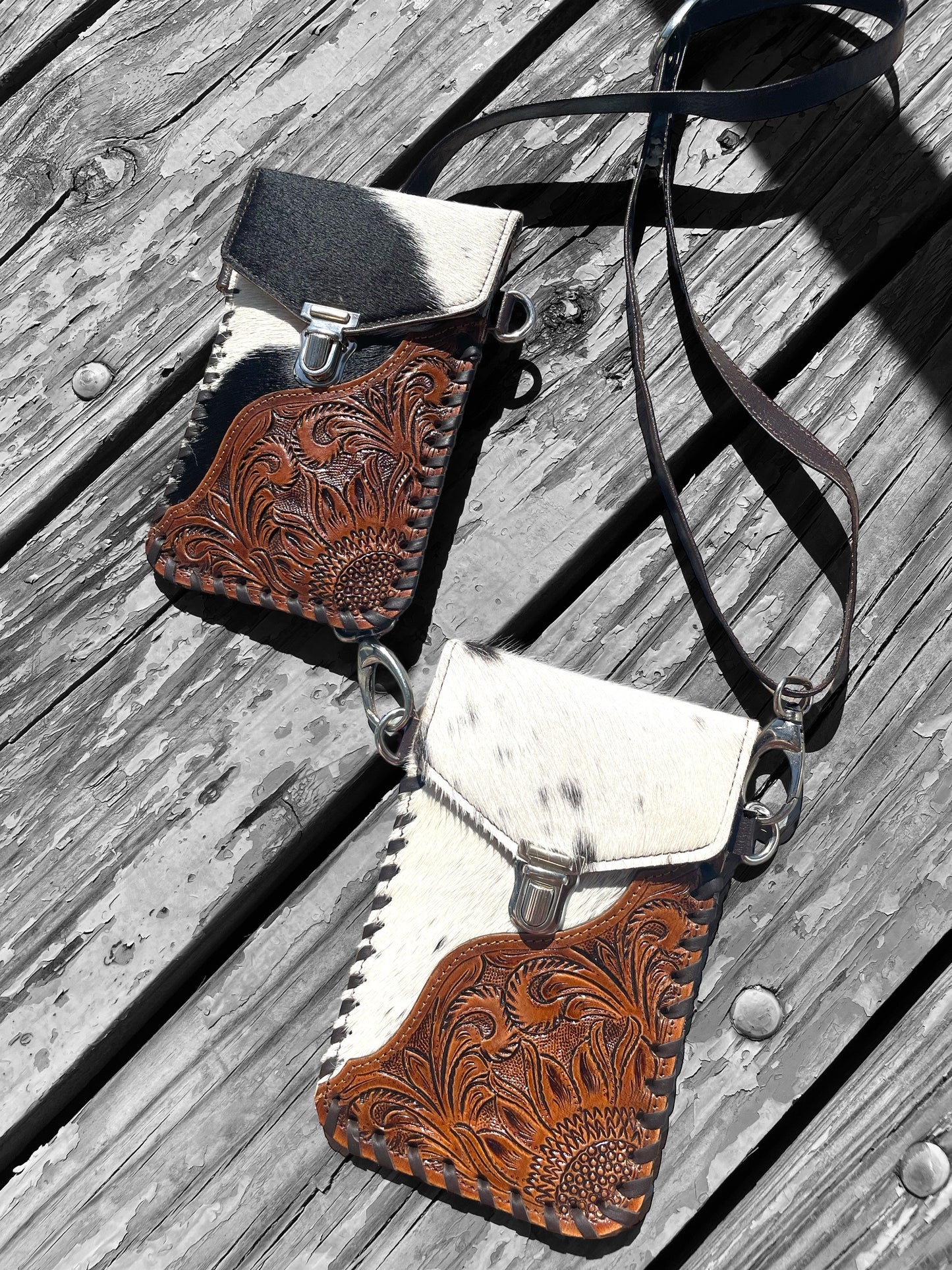 Cowhide and Tooled Leather Cell Phone Holders