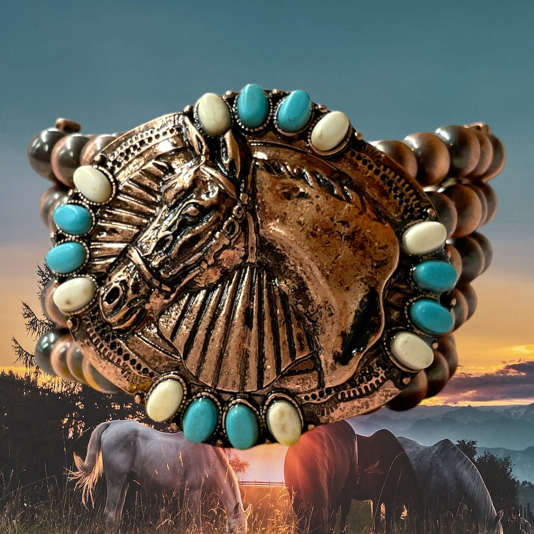 Metal Horse Western Trophy Buckle Chunky Beaded Bracelet