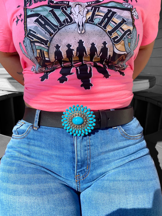 Western Turquoise Buckle with Genuine Leather Belt