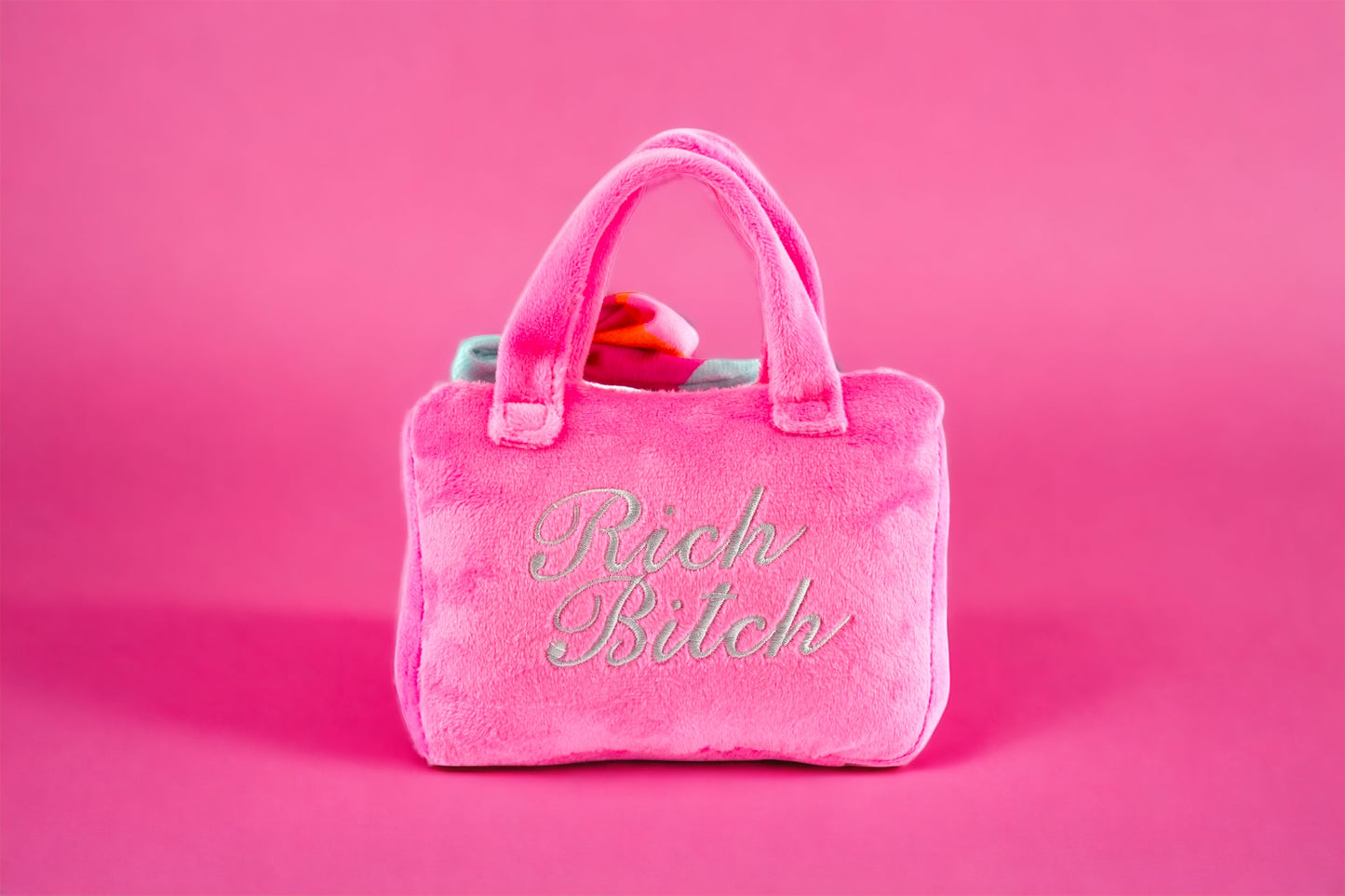 Mini Barkin Bag - Pink w/scarf **Rich Bitch** Squeaker Dog Toy