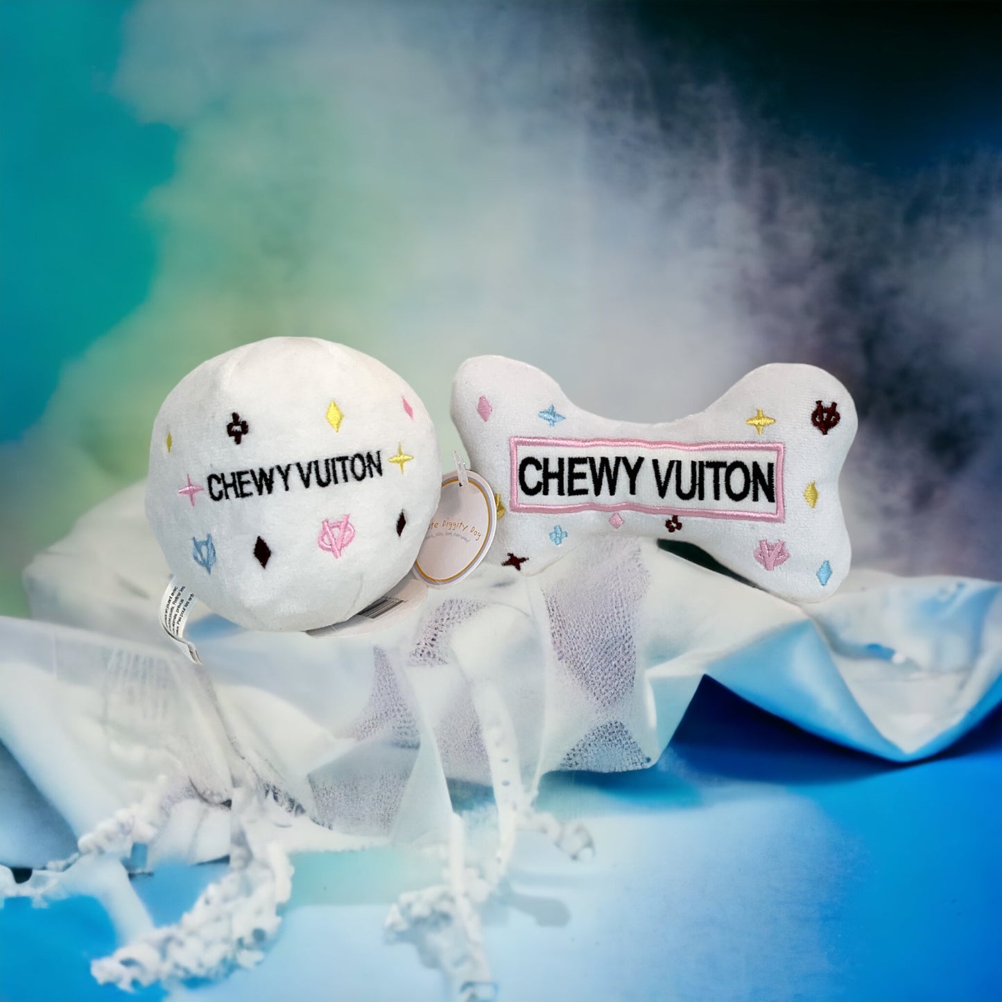 White Chewy Vuiton Capsule Collection 3 piece Squeaker Dog Toys
