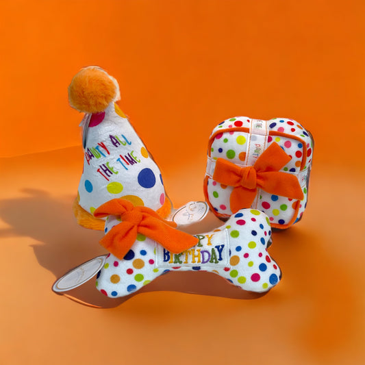 Happy Birthday “Pawty All The Time” 3 piece Squeaker Toy Set