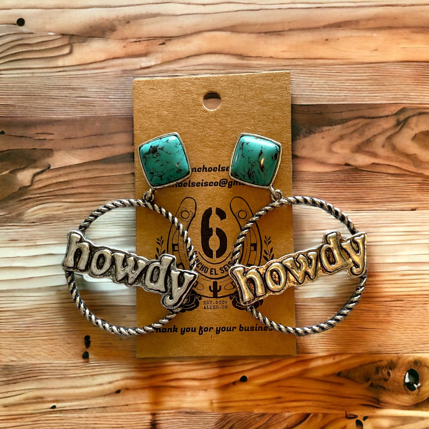 Turquoise and Silvertone “HOWDY” Drop Hoop Earrings